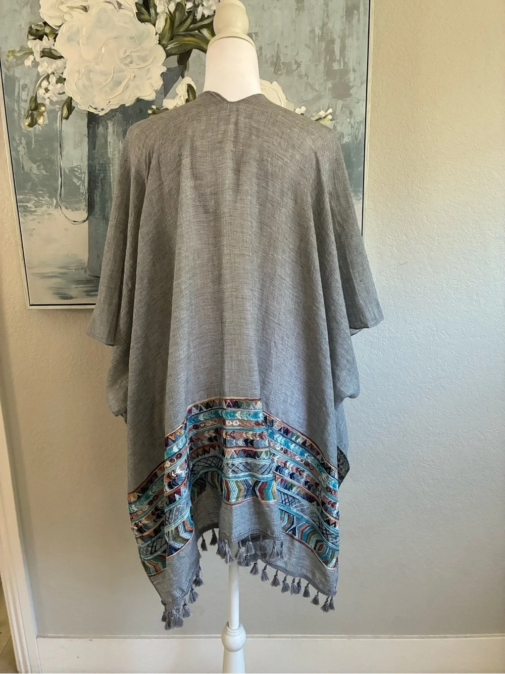 Gray Tassel Hem Kimono with Geometric Multicolor Trim - One Size